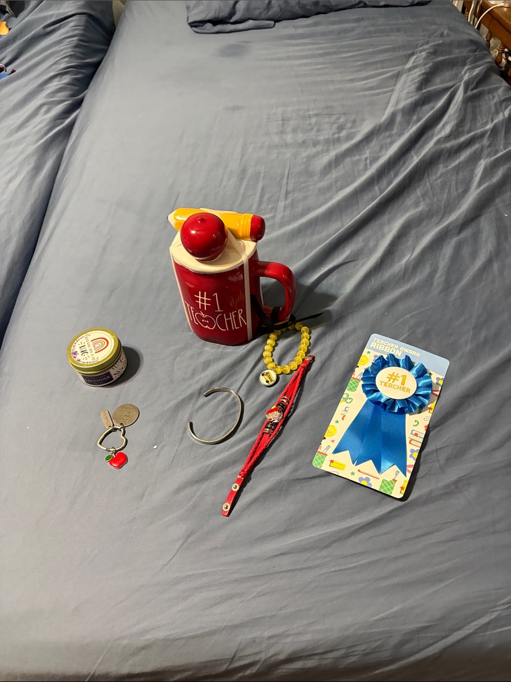 #1 Teacher Red Ceramic Mug by Rae Dun  with Yellow Lid with candle, jewelry,